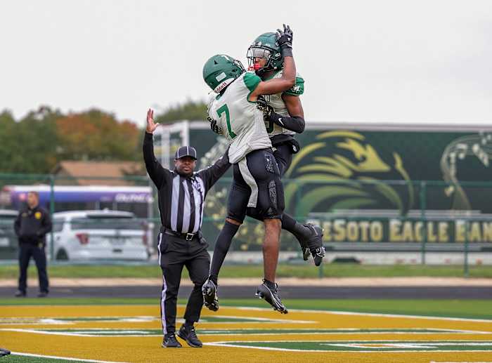 DeSoto players celebrate a touchdown in an upset of then-top-ranked Duncanville in October.